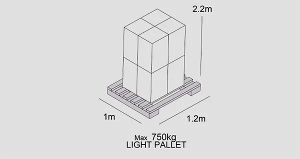 Light Pallet: 120 x 80 cm, altura máxima 220 cm, máximo 750 kg