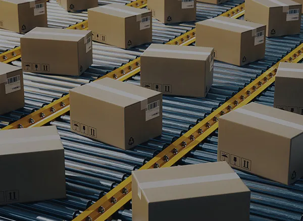 Cajas de cartón avanzando por una cinta transportadora