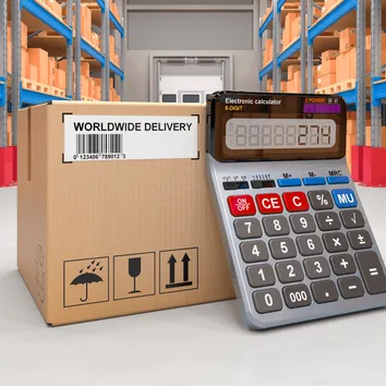 Caja de cartón con etiqueta de envío junto a una calculadora