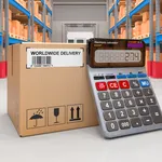 Caja de cartón con etiqueta de envío junto a una calculadora