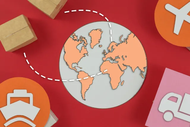 Globo terráqueo con iconos de barco, avión y camión sobre fondo rojo